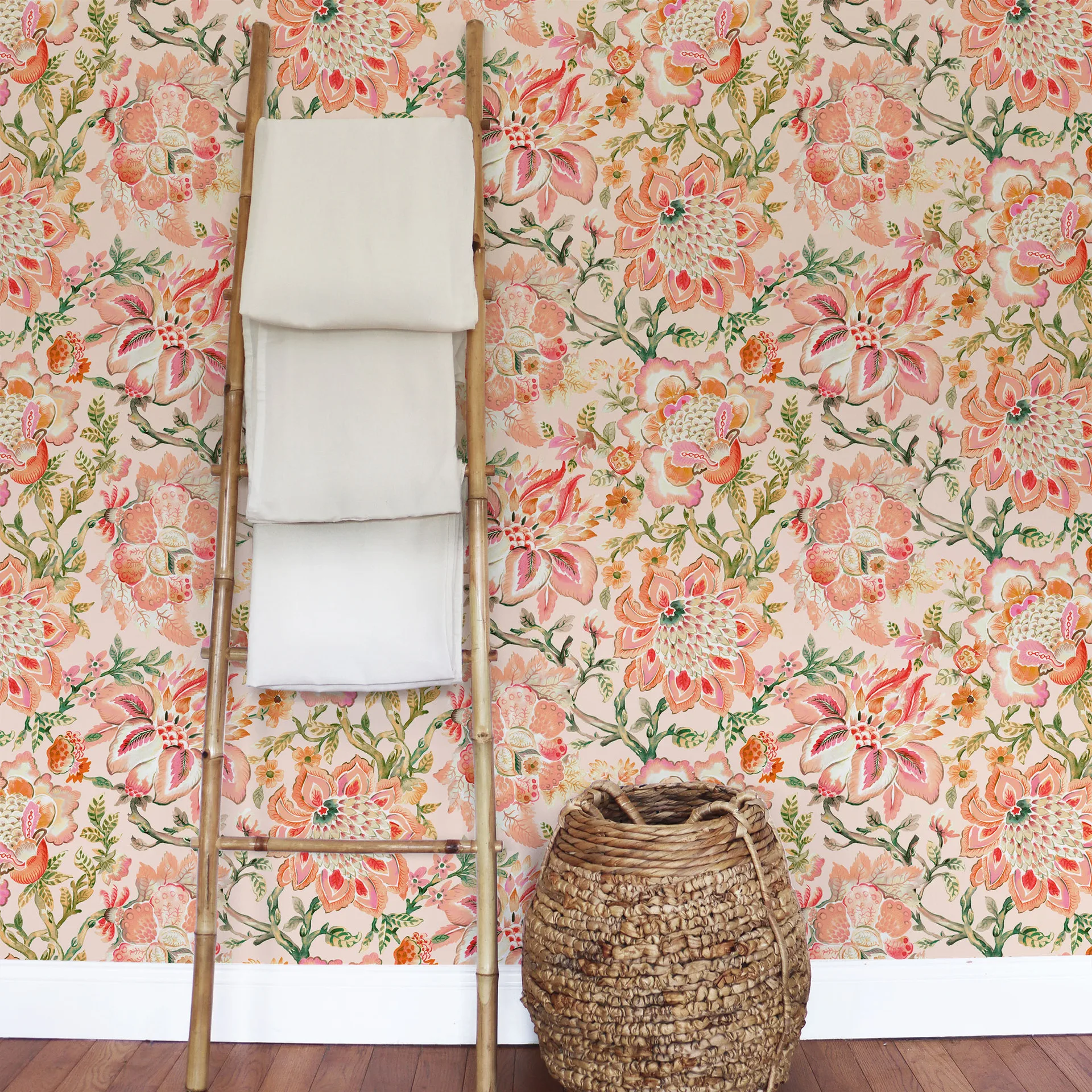 Pink Botanical Floral Wallpaper Peel and Stick Boho Enthic Flower Wallpapers Cabinet Living Room Wall Decor Mural
