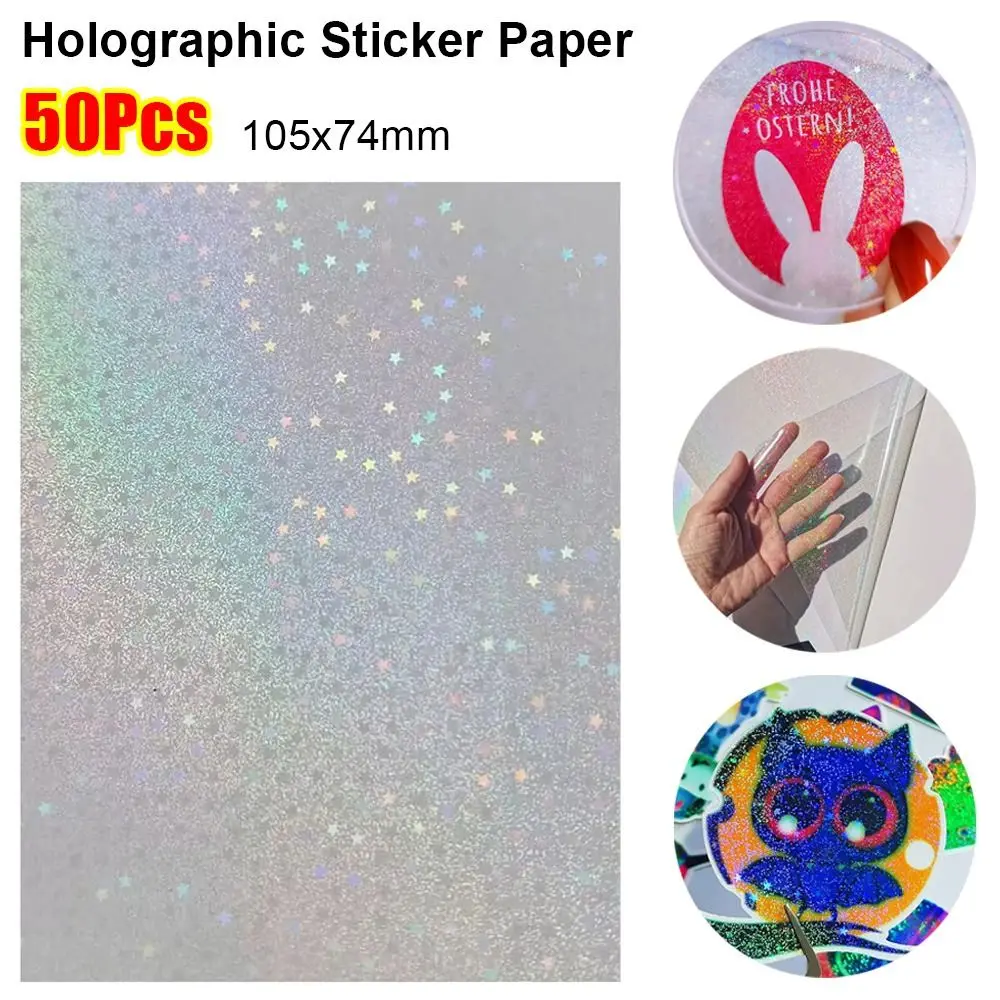50Pcs Sand Stars Holographic Sticker Paper 3 Inch 105x74mm Waterproof Cold Lamination Film Clear Self Adhesive Overlay Film