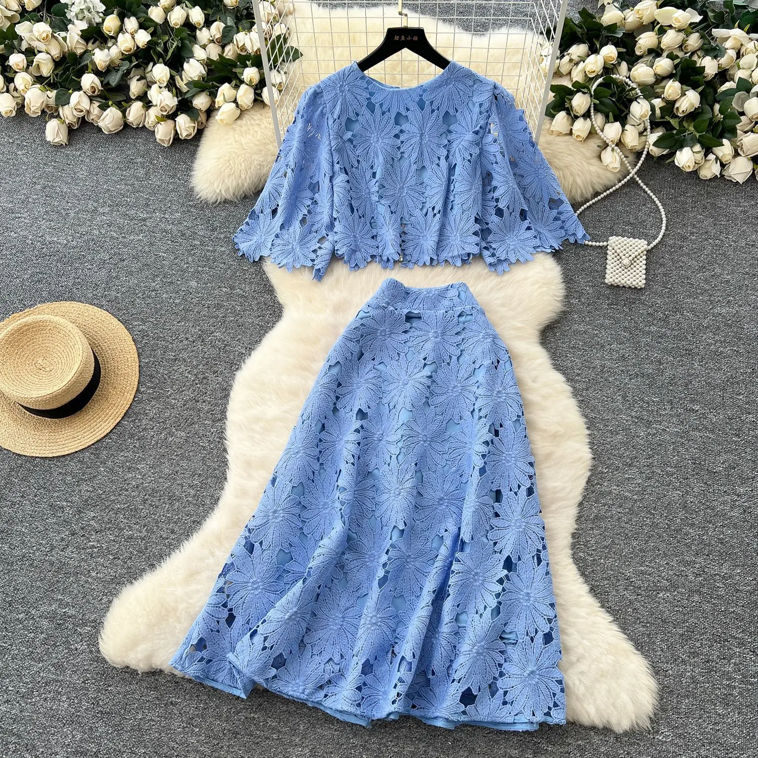 Franse stijl uitgeholde top en rok set mode casual tweedelige outfit voor vrouwen tuin feestjurk roze bruiloftsgastjurk