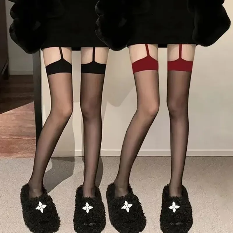 

Red border black fake suspender knee high long stockings for women sexy internet celebrity lace bow red silk contrasting pantyho
