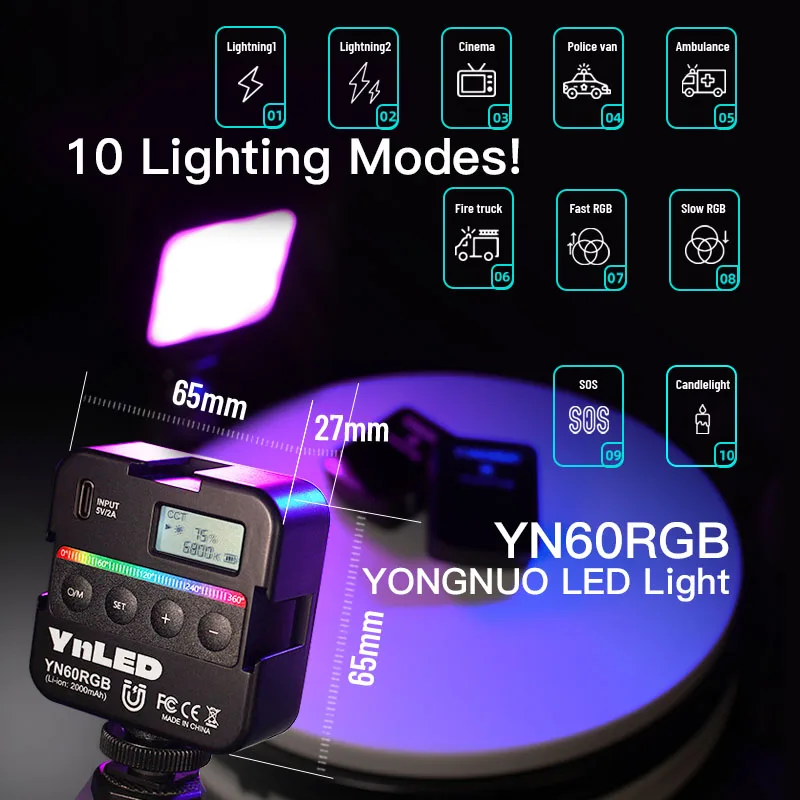 

YONGNUO YN60RGB Pocket RGB Video Light 2500K-9500K Adjustable Small Portable LED Video Fill Light With 1/4 Screw Cold Shoe Seat