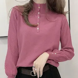 2023 Autumn Winter Solid Color Stylish Button Half High Collar Jumpers Female Clothing Commute Basic Korean All-match Sweaters