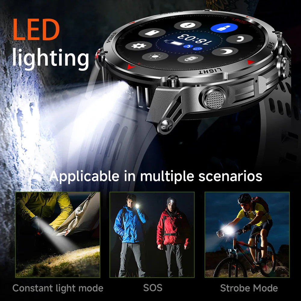 원렉스 남성용 스마트워치 내장 GPS 아웃도어 스포츠 스마트워치 플래시라이트 IP68 방수 나침반 100+ 스포츠 모드 팔찌