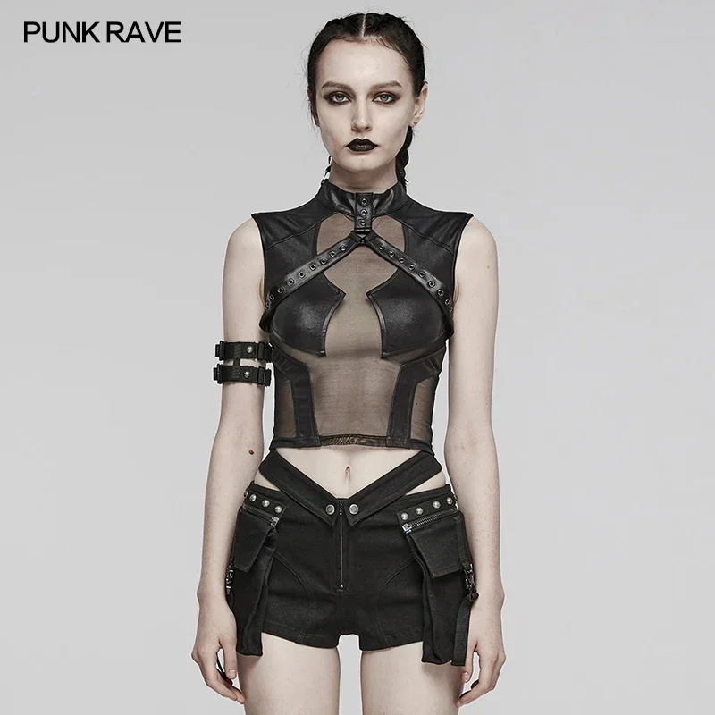 

PUNK RAVE Women's Punk Sexy Perspective Sexiness Tops Unique Cutting Hollowed Tees Vest Summer Women Clothing