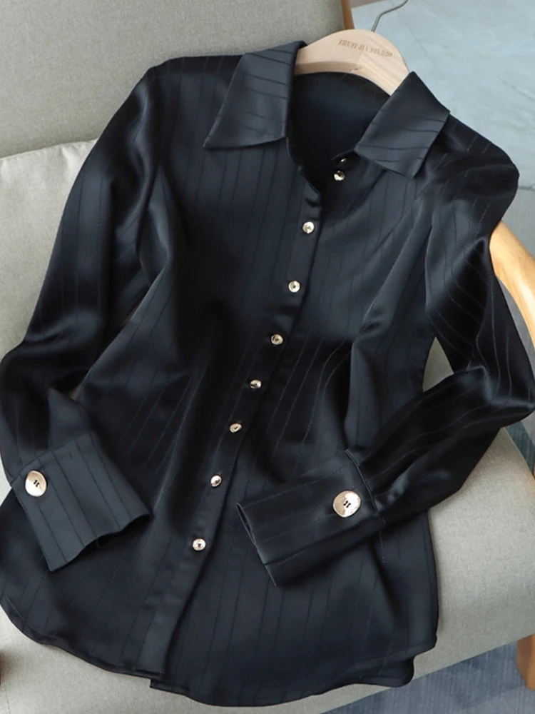 

Ele Bla Silk Long Sve irt Women's Loose Slimming Career Top Korean Sle Commute Wind Breathable Skin-Friendly