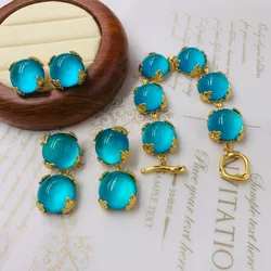 Middle Vintage Western Vintage Pure Copper Glass Inlay Set Heavy Industry Haze Blue Bracelet Earrings Necklace Ring for Women