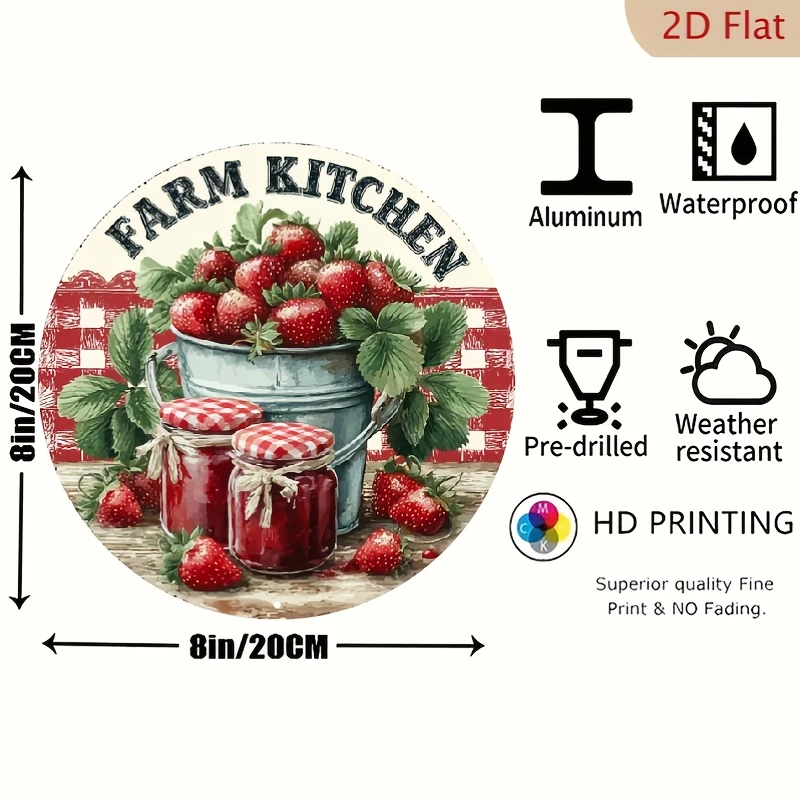 Vintage Strawberry Farm Kitchen Metal Sign, Plaid Bucket & Jam Can Art, 7.8x7.8in, Indoor Outdoor Country Home Wall Decor