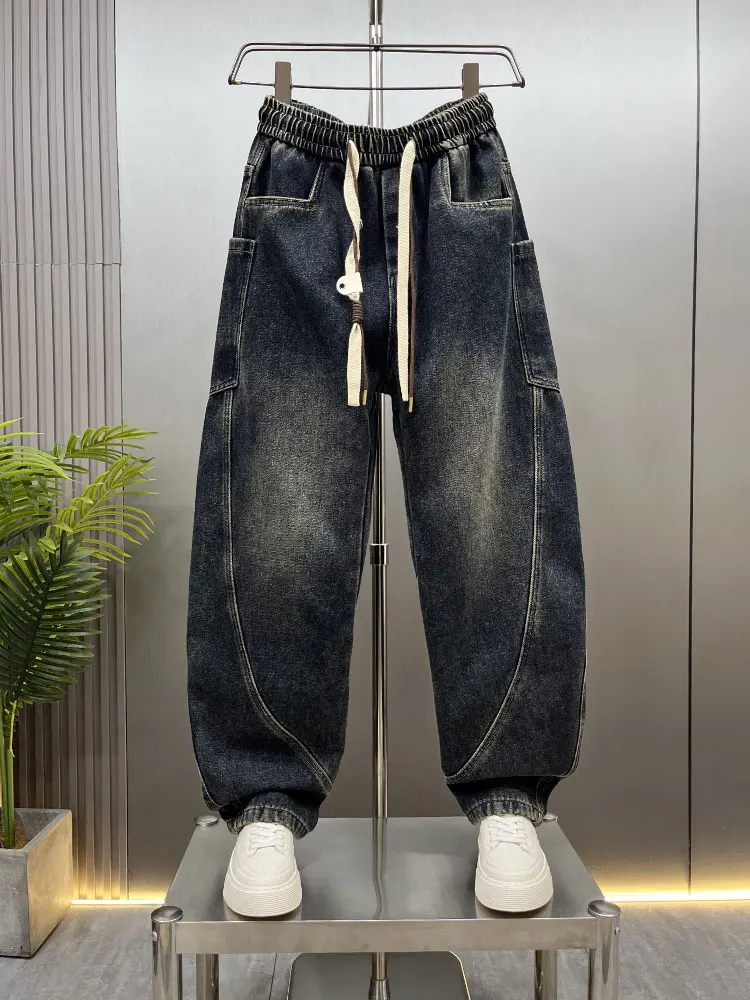 

Мужские джинсы из денима на флисовой подкладке, зимние повседневные брюки свободного кроя с широкими штанинами, рабочая одежда, прямые брюки с завязками, винтажный стиль