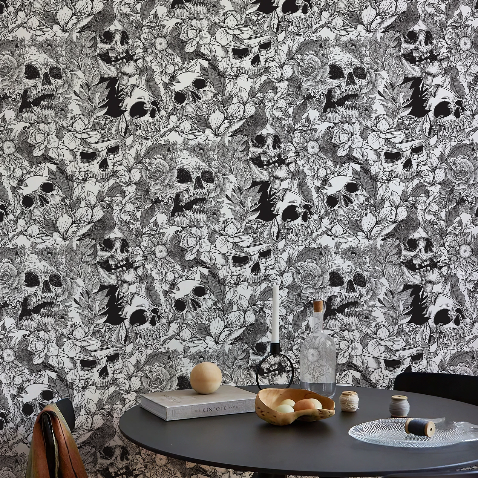 Retro Black And White Skull Wallpaper Halloween Festival Vinyl Wall Contact Paper Sketch Line Self Adhesive Cabinet Sticker