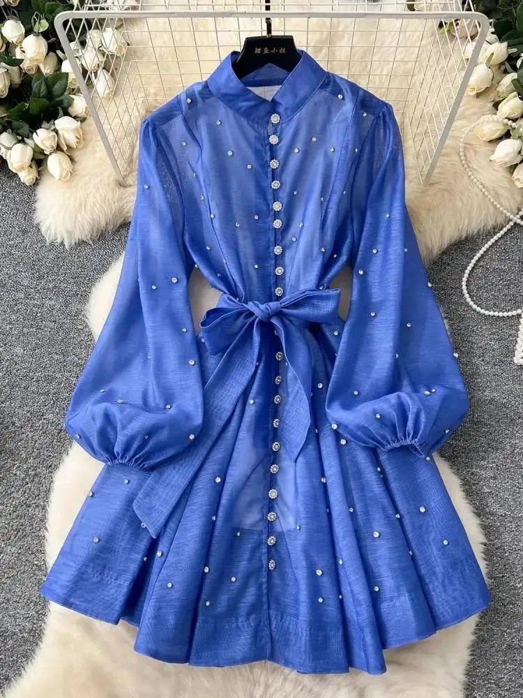 

Women's Stand Lantern Sleeve Single Breasted Belt Lace Up A Line Dresses 2025 Spring Summer Luxury Shine Diamonds Short Vestidos