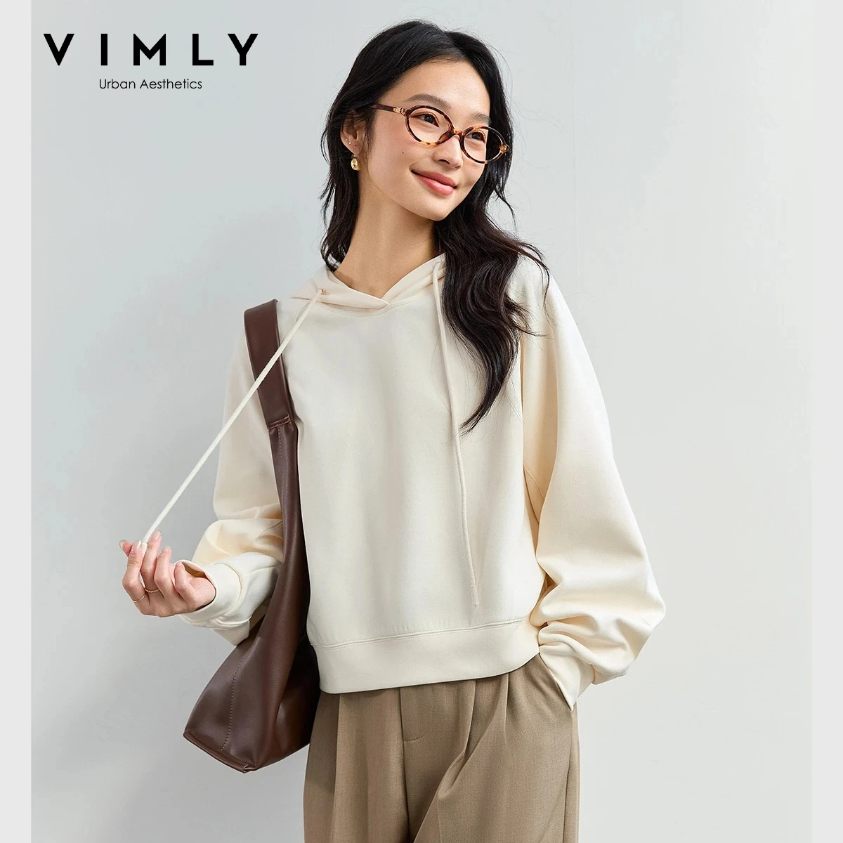 VIMLY Women's Apricot Hoodies 2026 Fall New Loose-fit Casual Hooded Pullover Versatile Long Sleeve Sweatshirt Female A2719