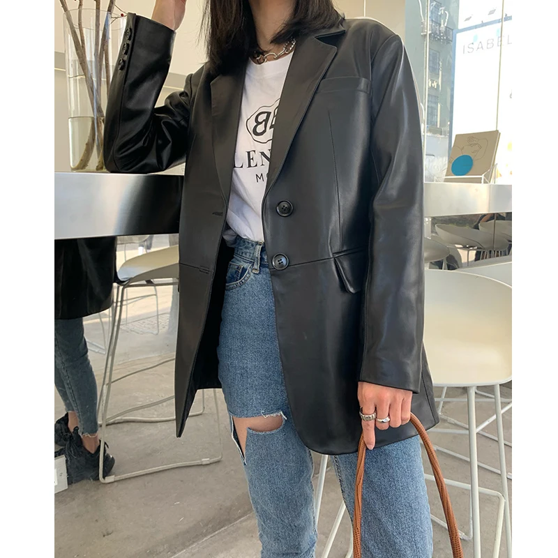 Julypalette 2023 Spring New Genuine Leather Blazer Jackets Coats Fashion Two Button Black Loose Women Sheepskin Leather Outwear