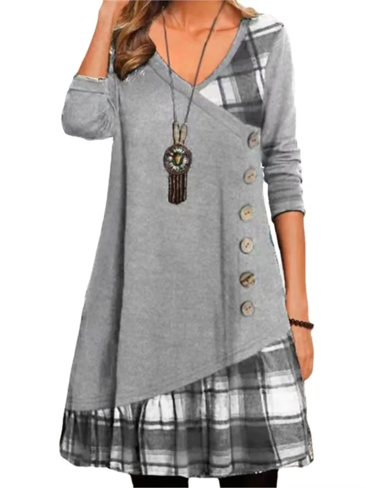 Autumn Winter New Women\'s Sexy V-neck Fashionable Checkered Patchwork Button Long Sleeved Irregular Casual Comfortable Dress