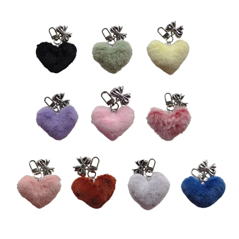 E0BF Fashion Plush Heart Bowknot Keychain Pendant Sweet Ornament Pendant Keyring Backpack Decoration Charm Jewelry