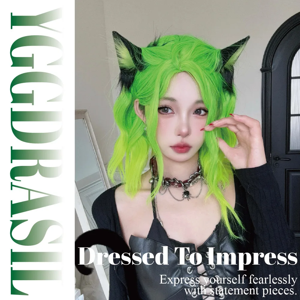 16Inch Gothic Green Gradient Synthetic Wigs Middle Part Short Natural Wavy Hair Wig for Women Daily Use Cosplay Heat Resistant