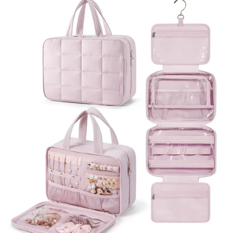 Trousse de maquillage pliable à carreaux pour femmes, organisateur de voyage suspendu, trousse de toilette et de cosmétiques, pochette de beauté étanche, rangement de salle de bain