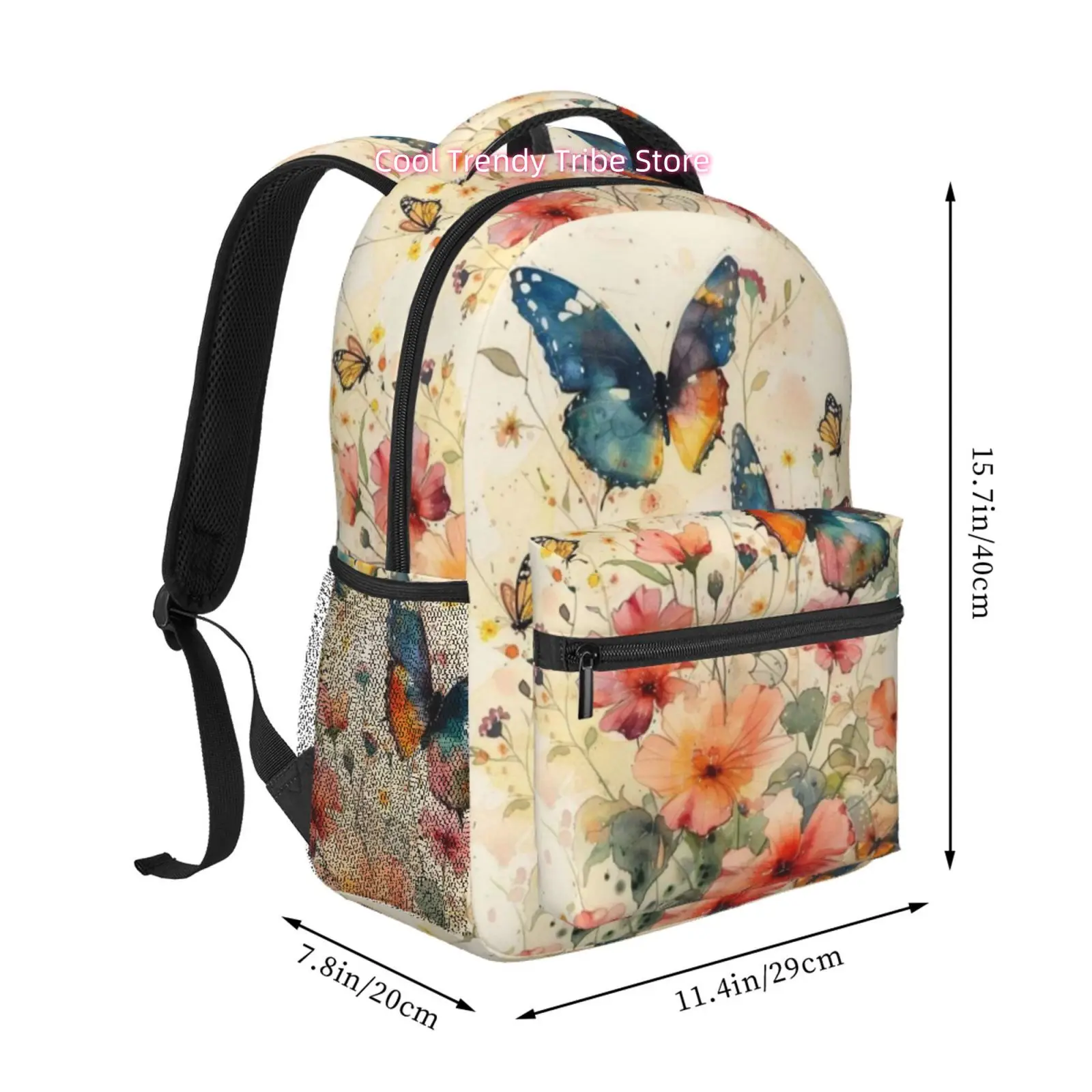Watercolor Butterflies And Wildflowers Print Backpack, Oxford Cloth Adjustable Strap Casual Daypack, for Daily Commute, Weekend