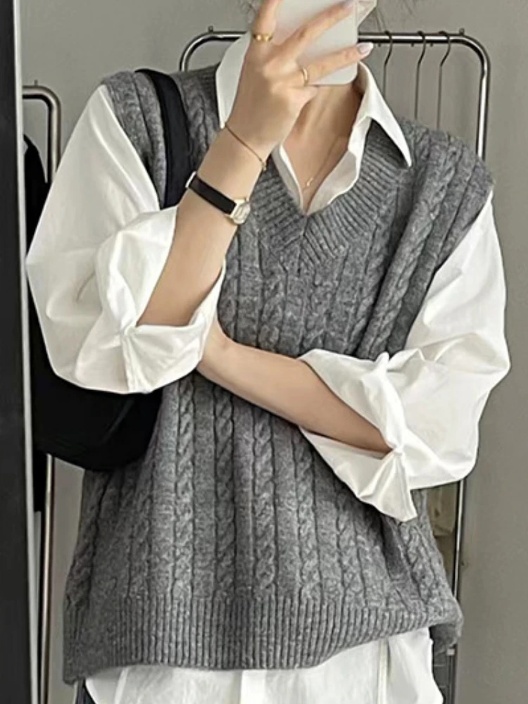 Traf Sweater Cardigan Sleeveless Women Top Solid Sweater Knitted Vest Commuter Style Clothes Preppy Look Autumn Winter Woolly