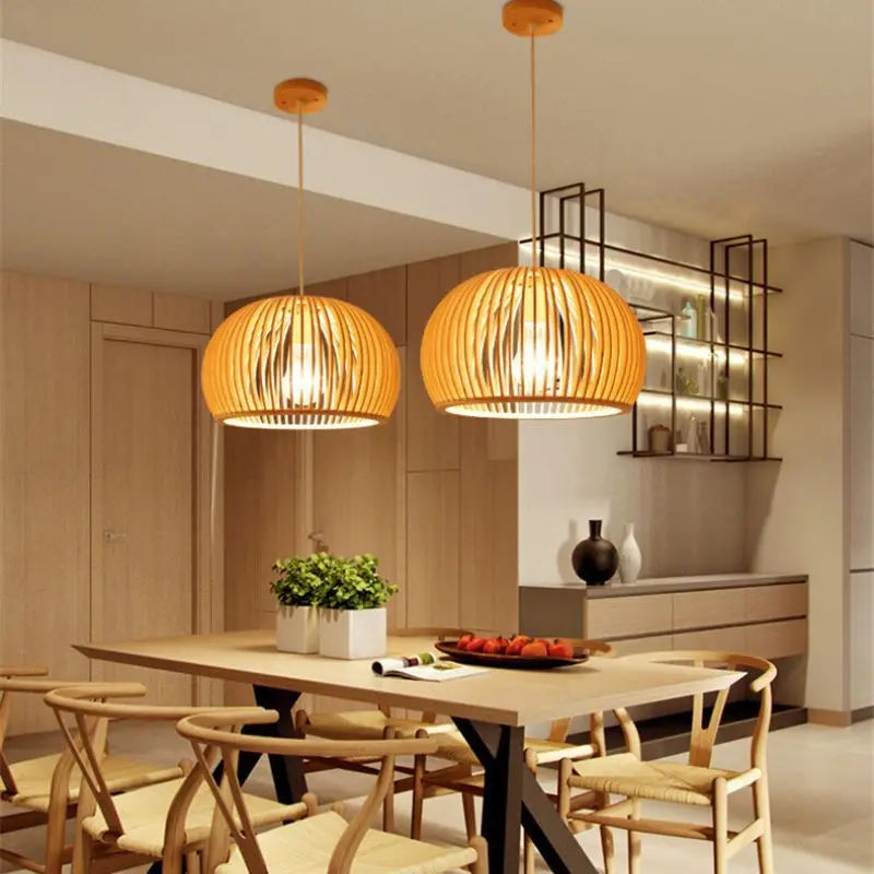 

Modern simple dining living room solid wood chandelier creative birdcage hotel wood chandelier single head Japanese wooden lamps