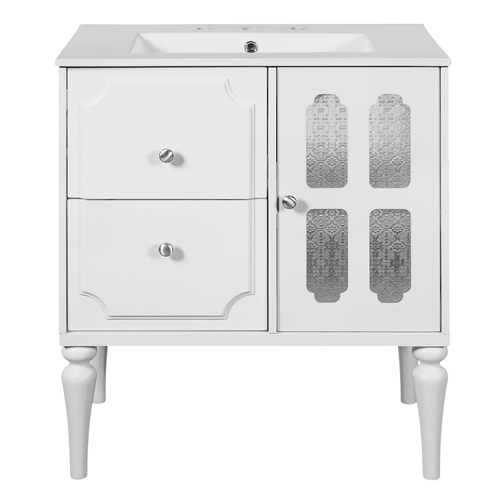 

Retro style 30 inch bathroom vanity, standalone single vanity with 2 drawers, solid wood frame bathroom storage cabinet
