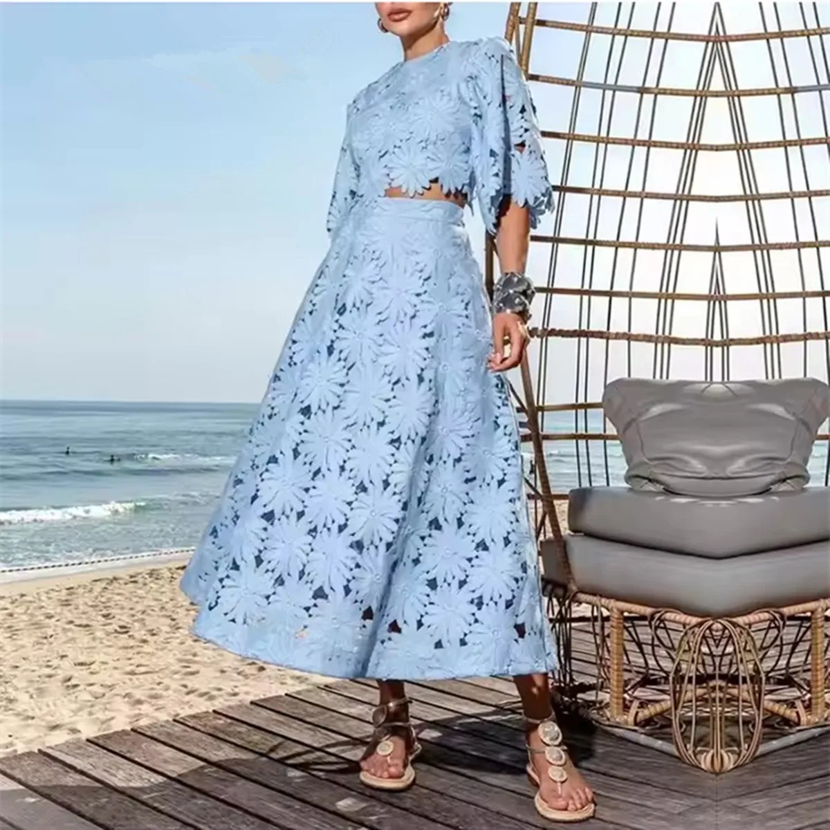 

Solid Elegant Crochet Flower Hollow Out Lace Two Piece Set For Women Summer Half Sleeve Crop Top + Embroidery Lace Skirt Suits