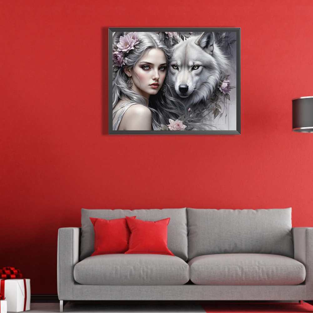 5D DIY Full Round Drill Diamond Painting Girl Wolf Home Decor Art Craft 50x40cm