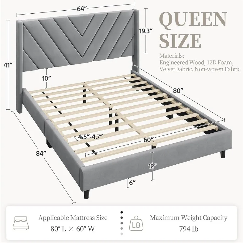 Queen Bed Frame Upholstered Platform Bed with Side Wings/Wooden Slatted Support/Tufted Headboard with Side Wings/Mattress Base