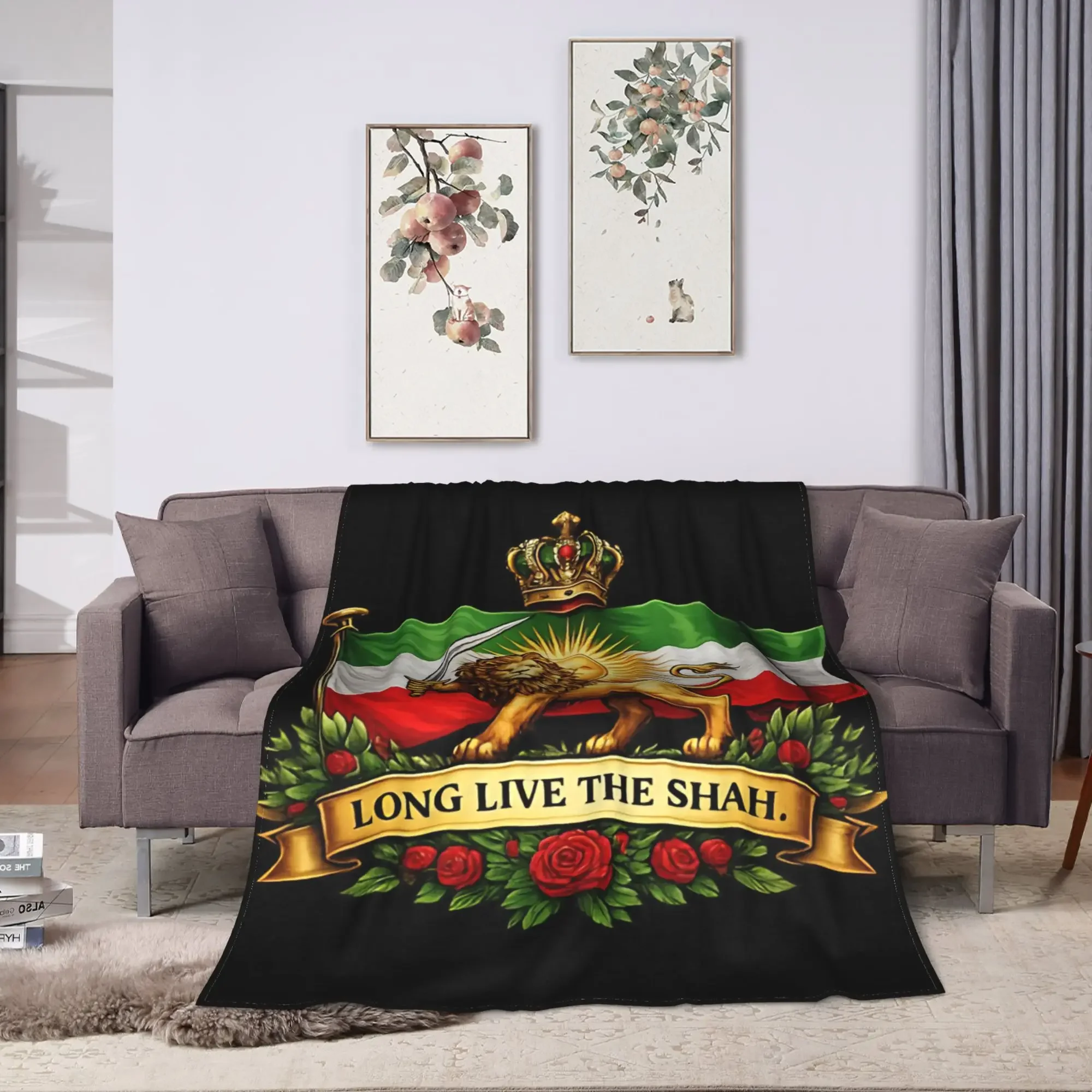 Persian Empire Long Live The Shah Flag Throw Blanket Tapestry Royal Lion Design Gift Home Decor