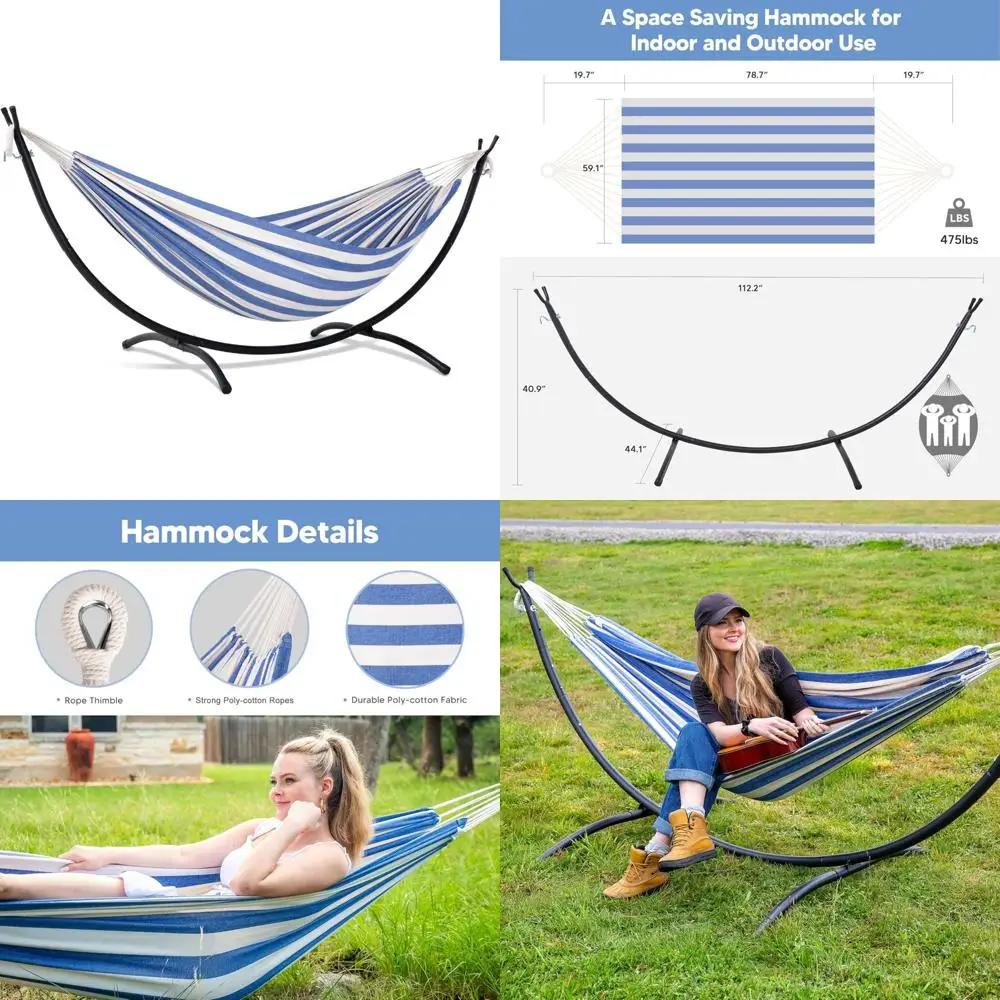 إطار أرجوحة خارجي مخطط باللونين الأزرق والأبيض مع سعة 475 رطلًا للاسترخاء في الفناء الخلفي