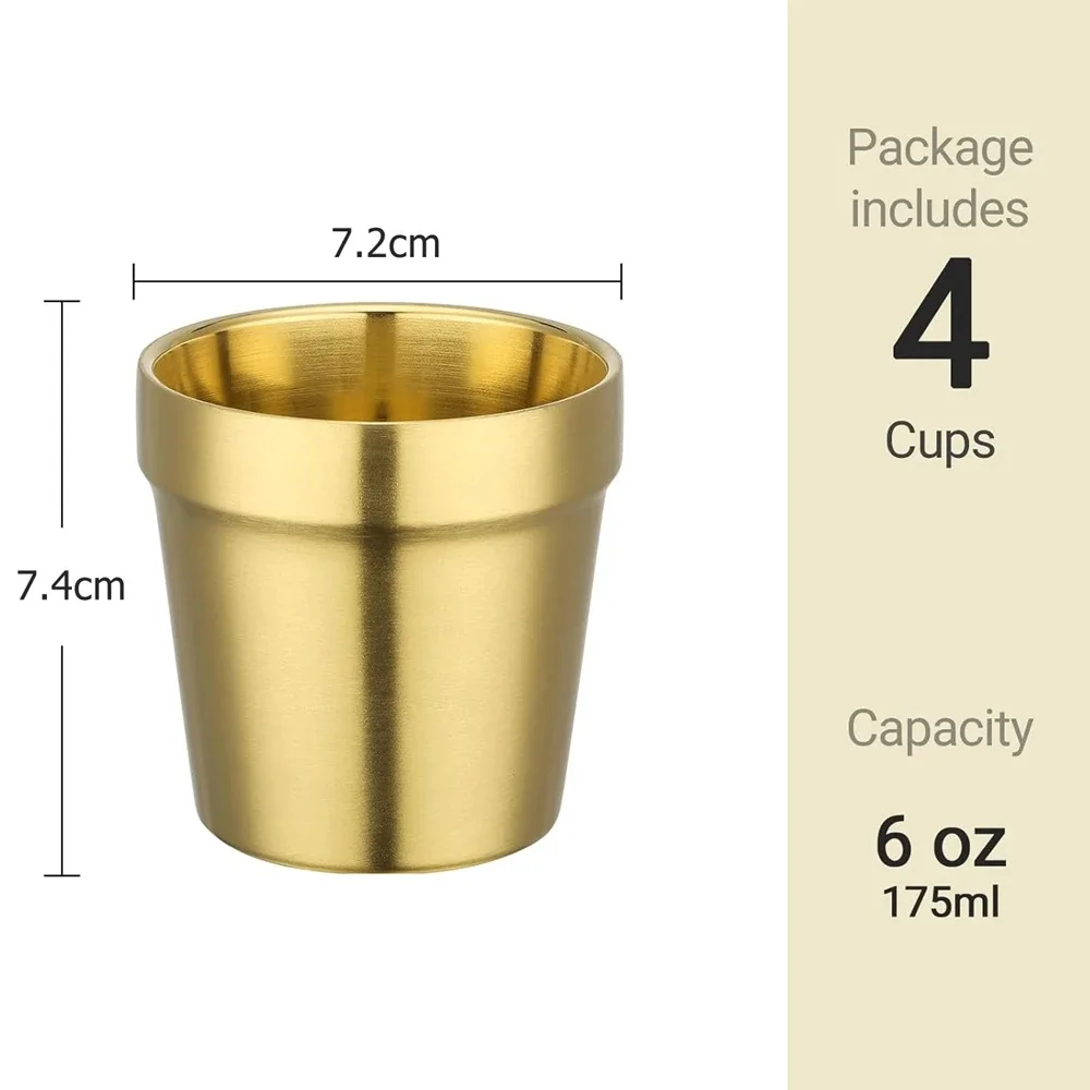 Set of 4 Double-Walled 304 Stainless Steel Mugs 175ml with Vacuum Insulation for Hot Cold Drinks Stackable Space Saving Design