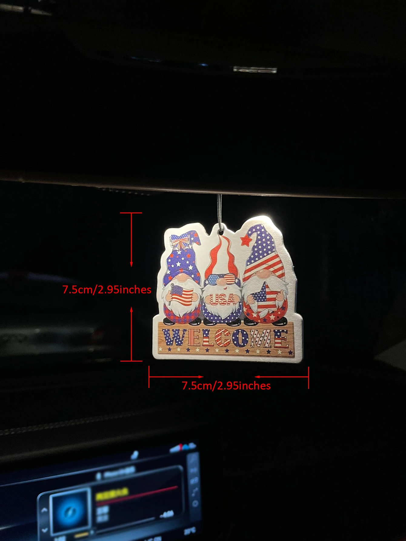 Patriotic USA Three Gnomes Welcome American Flag Hanging Car Air Freshener, Natural Plant Extract Alcohol-Free Scented Paper Car