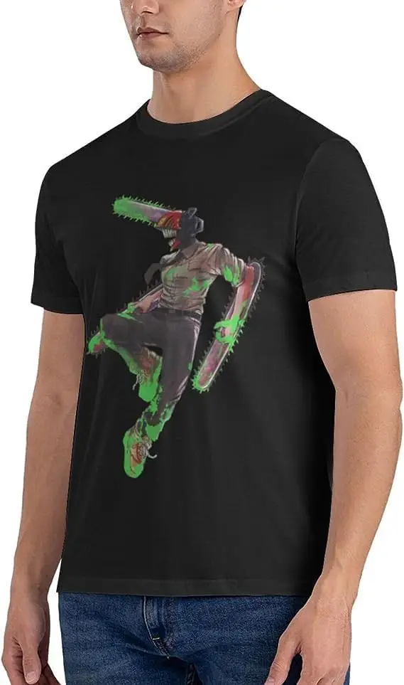 Chainsaw Anime Man Shirt Men's Breathable Custom Cotton Short Sleeve Tshirt Fashion Casual Tops Tees Black