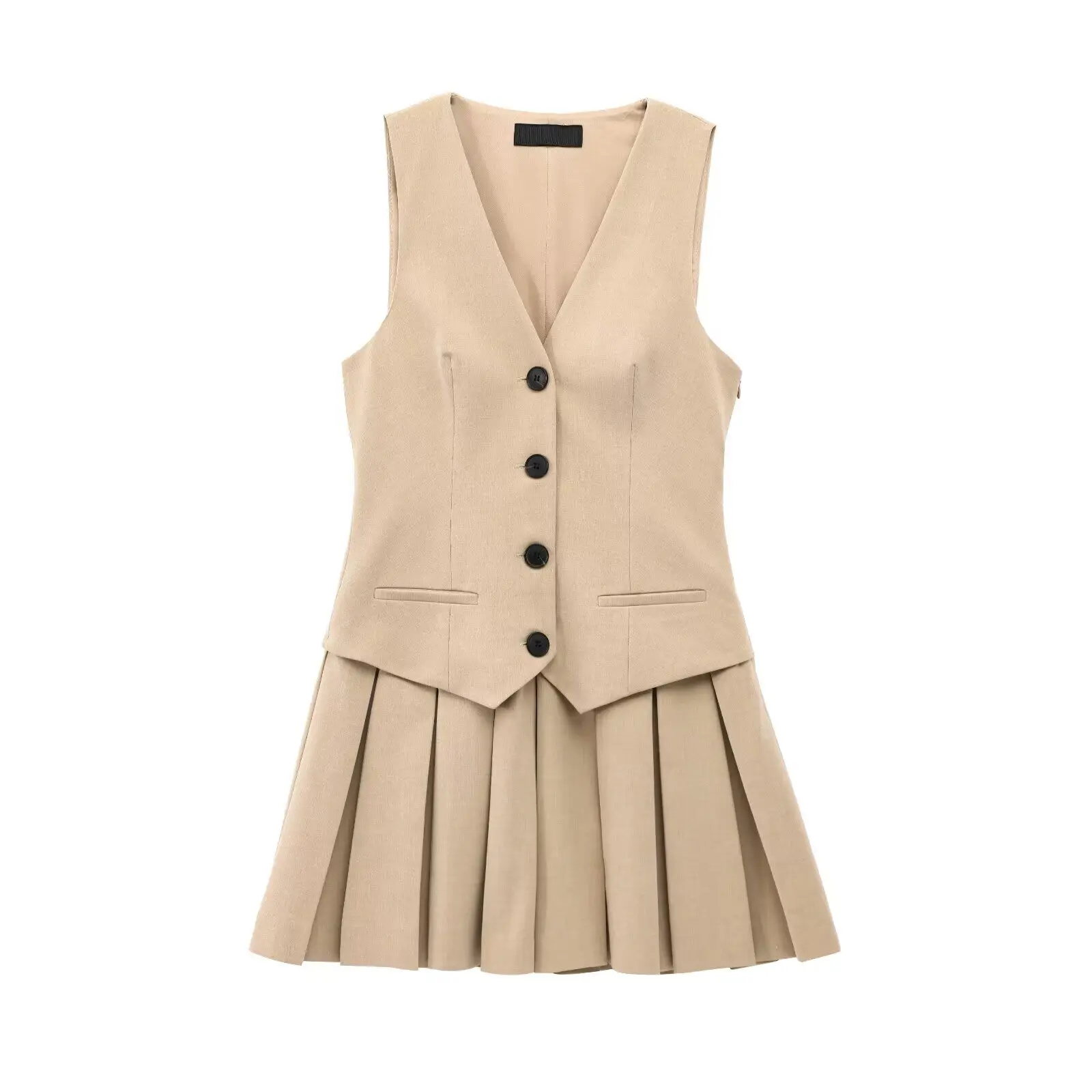 

Woman's Summer Sexy Chic Pleated Dress Grey Stripe V-Neck Sleeveless Pockets Single Breasted Female Fashion Slim Dresses