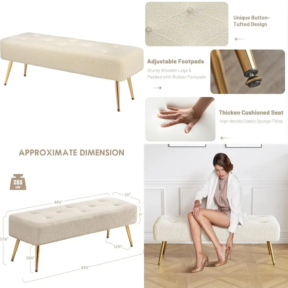 

Modern 44 Inch Ottoman Bench with Faux Fur Upholstery and Gold Metal Frame for Living Room Entryway Decor