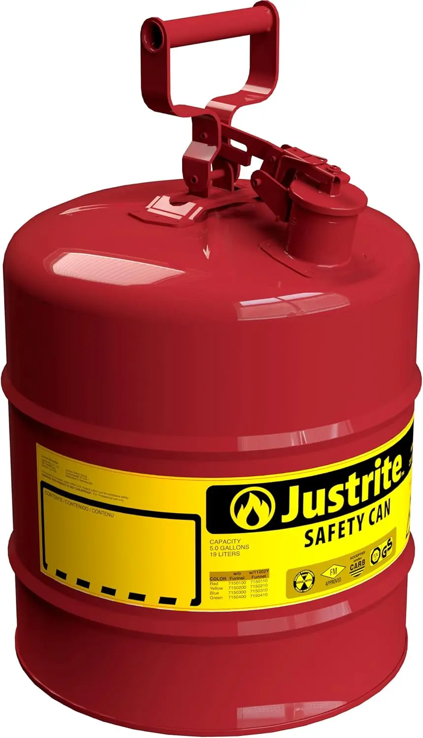 

5 Gallon Red Safety Gas Can with Flame Arrester and Self-Closing Lid, Made in USA, Galvanized Steel Flammable Storage