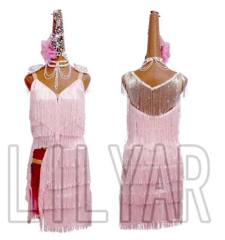 Nuovo abito da competizione di ballo latino con cintura, denim Cha Cha, danza stile nappa con spacco alto cavo rosa chiaro per bambini e adulti