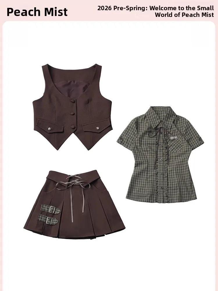 

Summer 2026 Green Plaid Short Sleeve Shirt Tank Top Belted Skirt Three Piece Set Women's Fashion Sweet Style Work Date