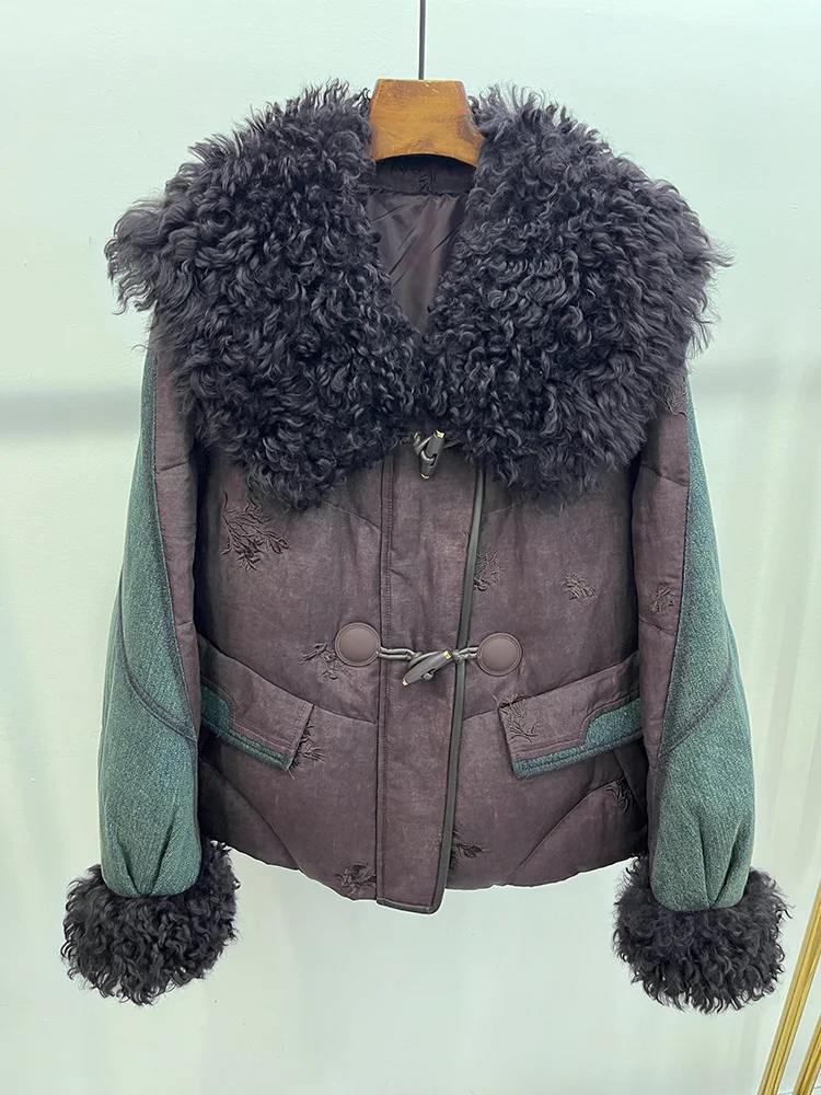 

2025 New Women's Winter Denim Jacket Real Natural Lamb Sheep Fur Collar Coats Goose Down Jacket Luxury Female Outwear
