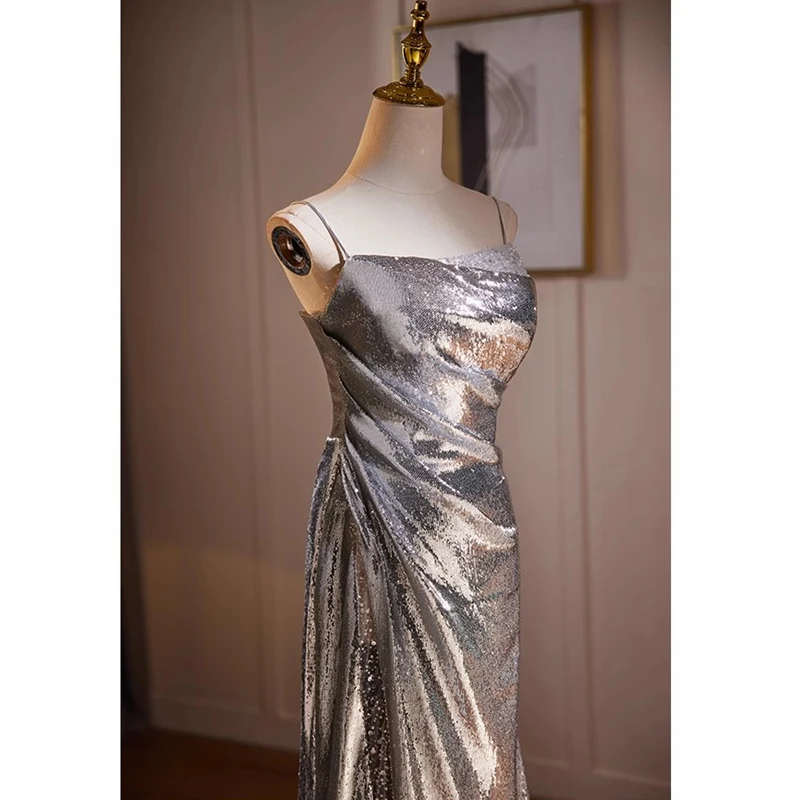Evening Dresses Silver Sequins Speghetti Straps Pleat Lace up Mermaid Floor-length Plus size Women Party Formal Gowns B2897