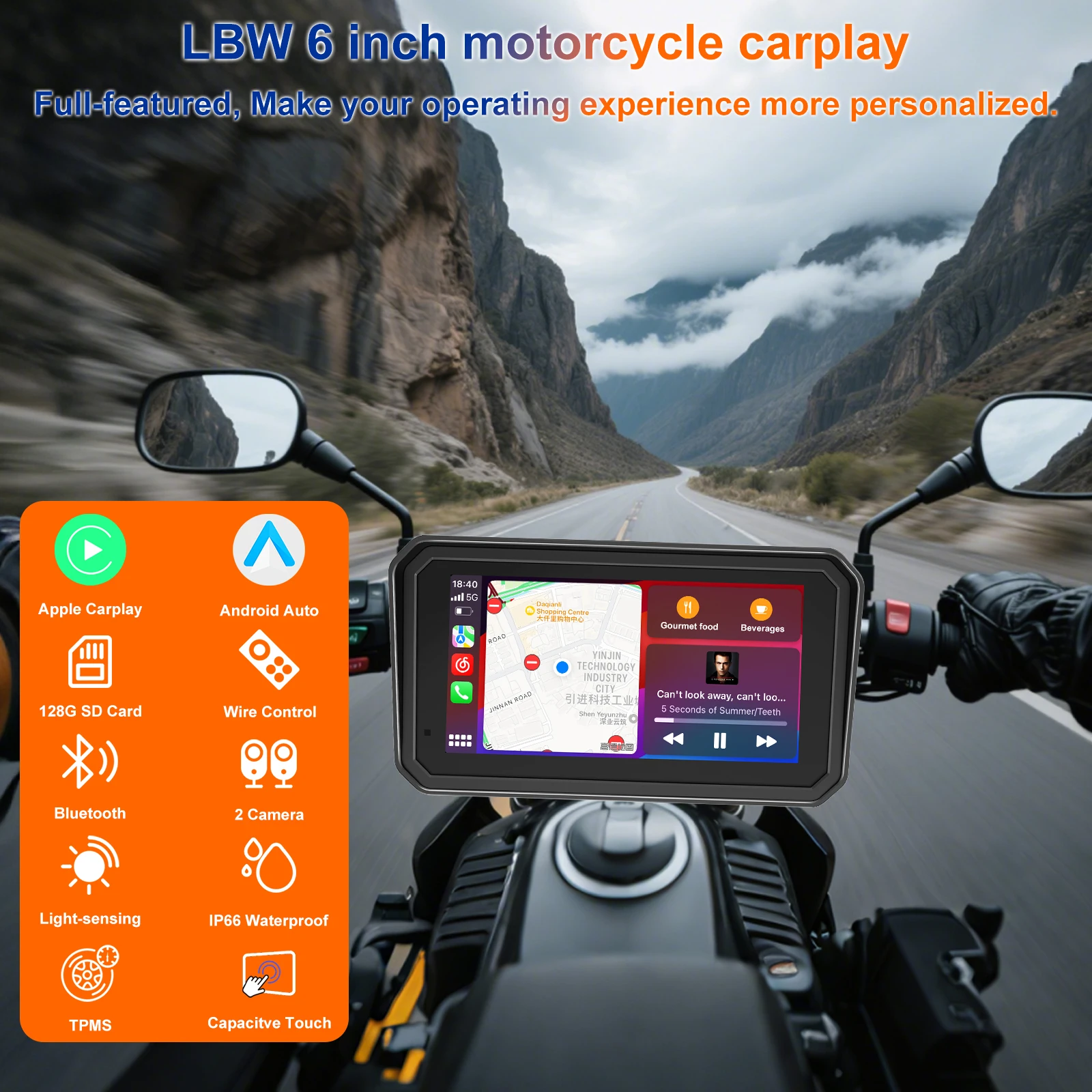 6 pulgadas portátil IPX7 impermeable motocicleta GPS navegación soporte inalámbrico Carplay Android Auto DVR unidad grabadora Moto TPMS DVR