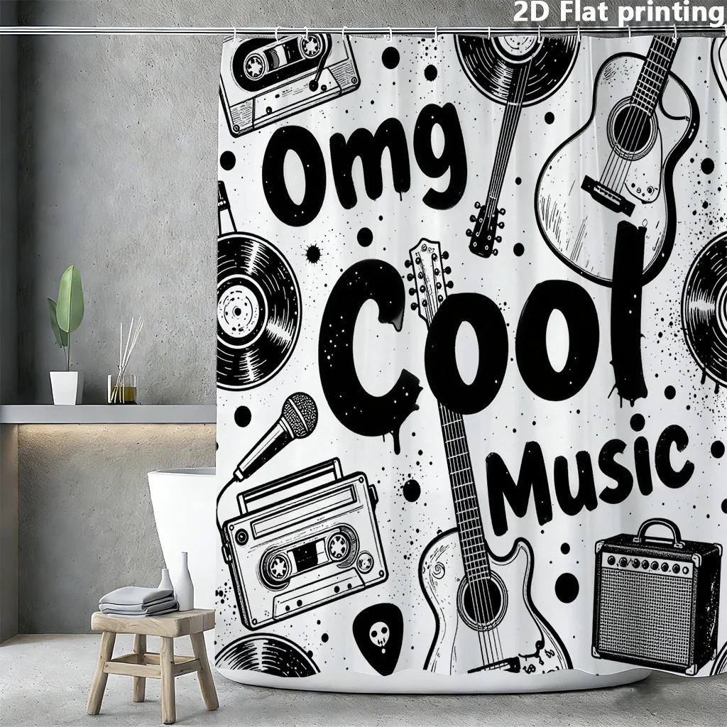 

Музыкальная занавеска для душа – винил, принт с гитарой, кассетой и микрофоном, полиэстер, 12 люверсов, быстросохнущая, 180x180 см (71x71 дюймов)
