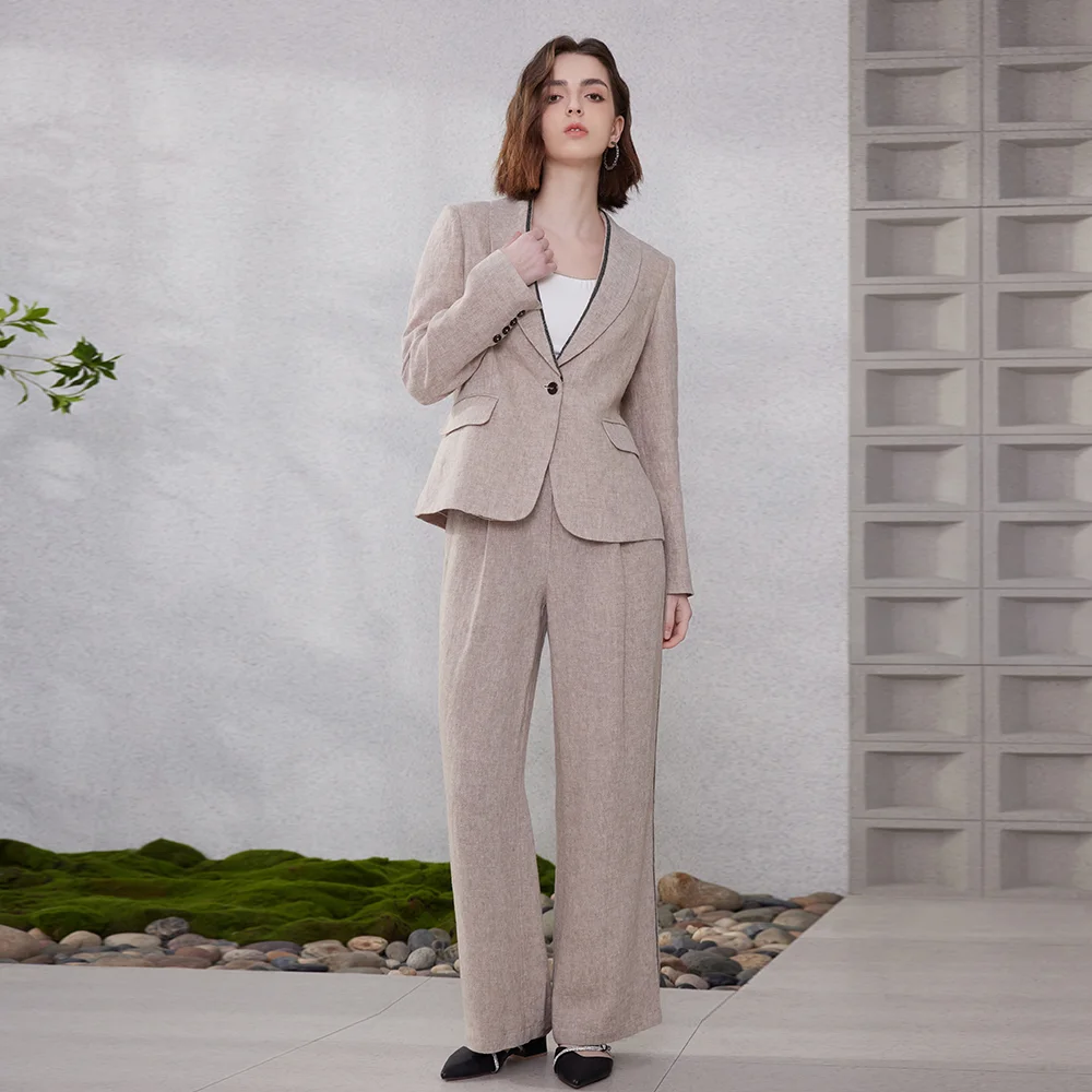 K1186WK1187W 100% Linen Formal Women Blazer And Pants Set Women Suits Office Formal Women\'s Clothing