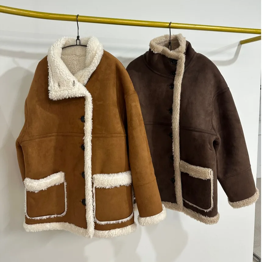 Senhoras chique coreano sle casaco de pele quente solto ajuste colarinho outono inverno nova chegada all-match pele de cordeiro intercuído outerwear