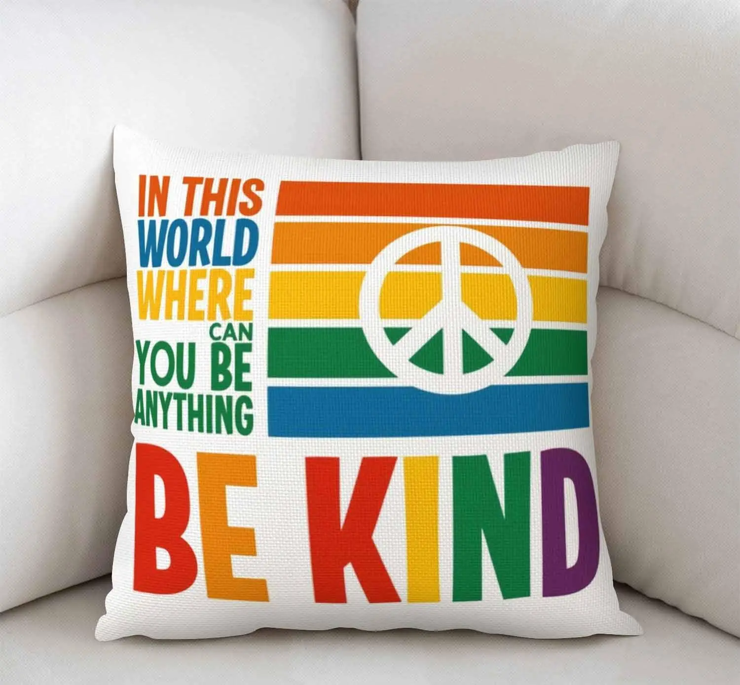 Rainbow Peace Sign Pillowcase, Be Kind Quote Cushion Cover, Retro 70s Home Decor, Inspirational Living Room Sofa Gift