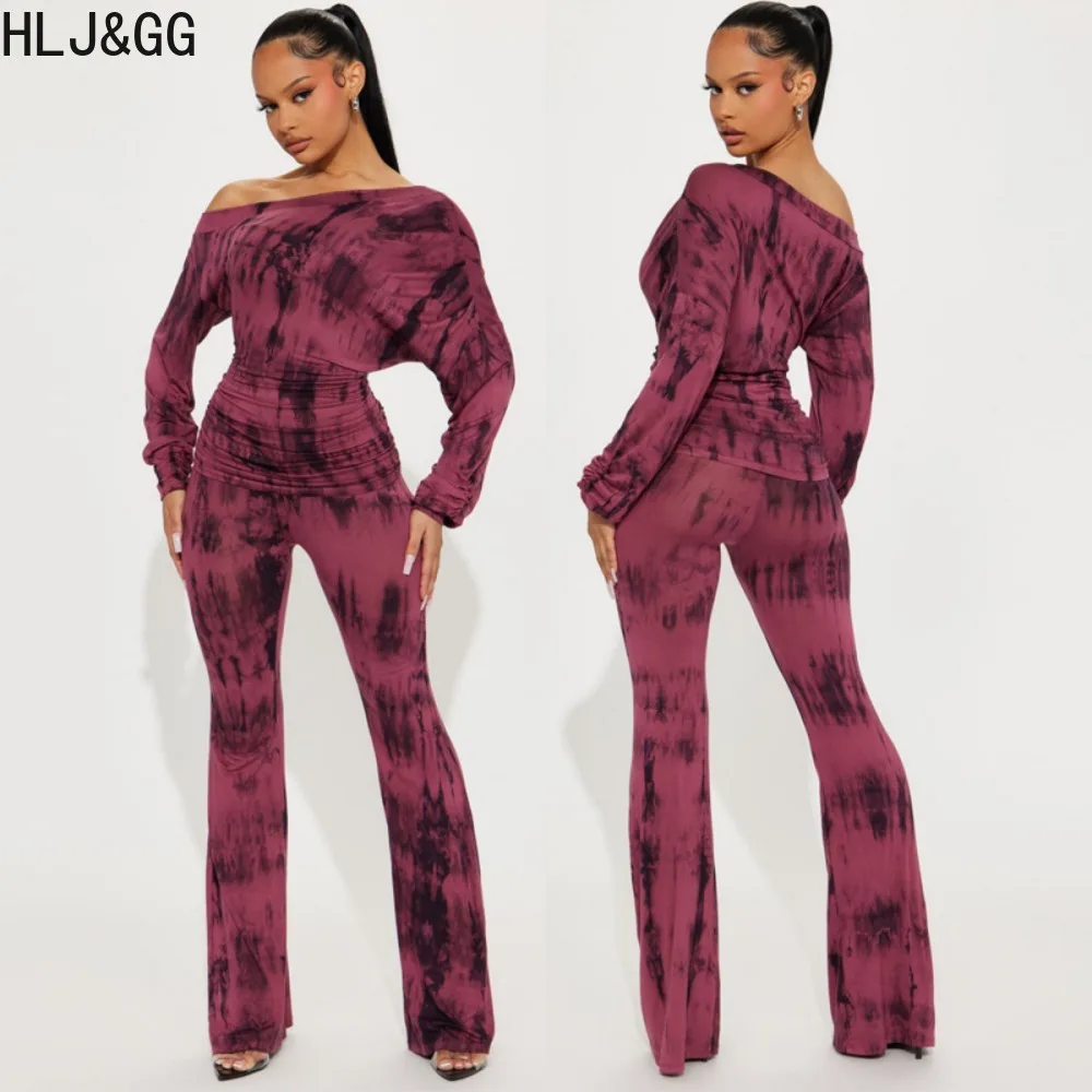 

HLJ&GG Fashion Printing Off Shoulder Two Piece Sets Women Long Sleeve Slim Top And Flared Pants Outfits Female 2pcs Streetwear