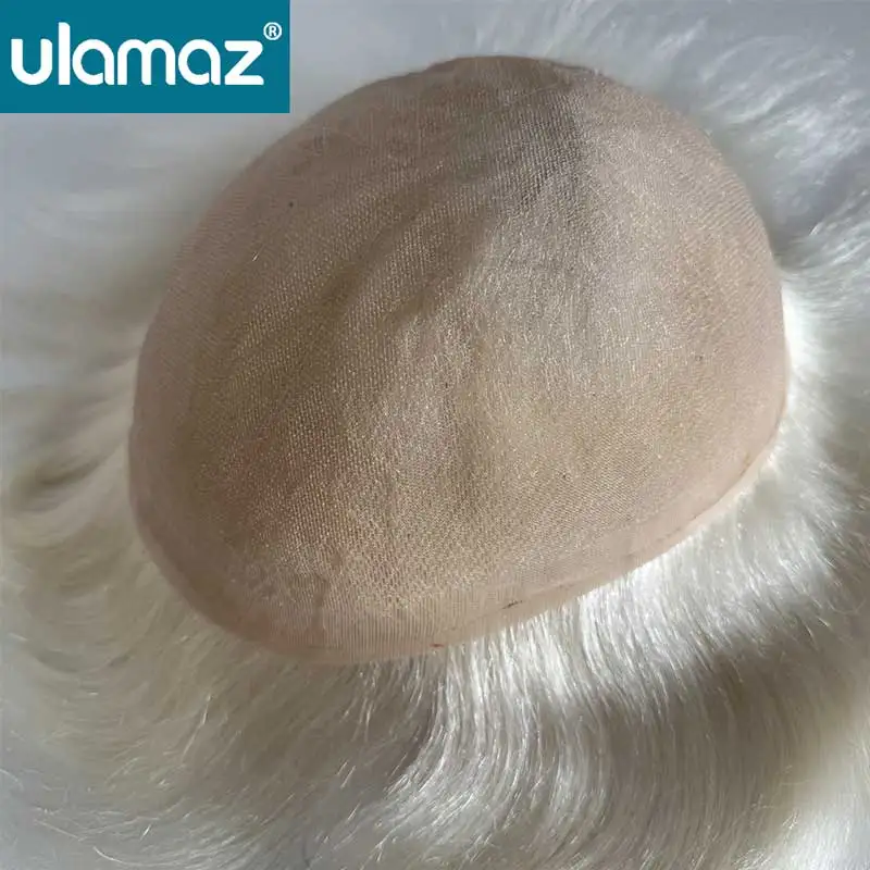 French Lace Male Hair Prosthesis Silver White Hair Wigs For Man Full Lace Toupee Human Hair Man Hair System Double Knots Men Wig