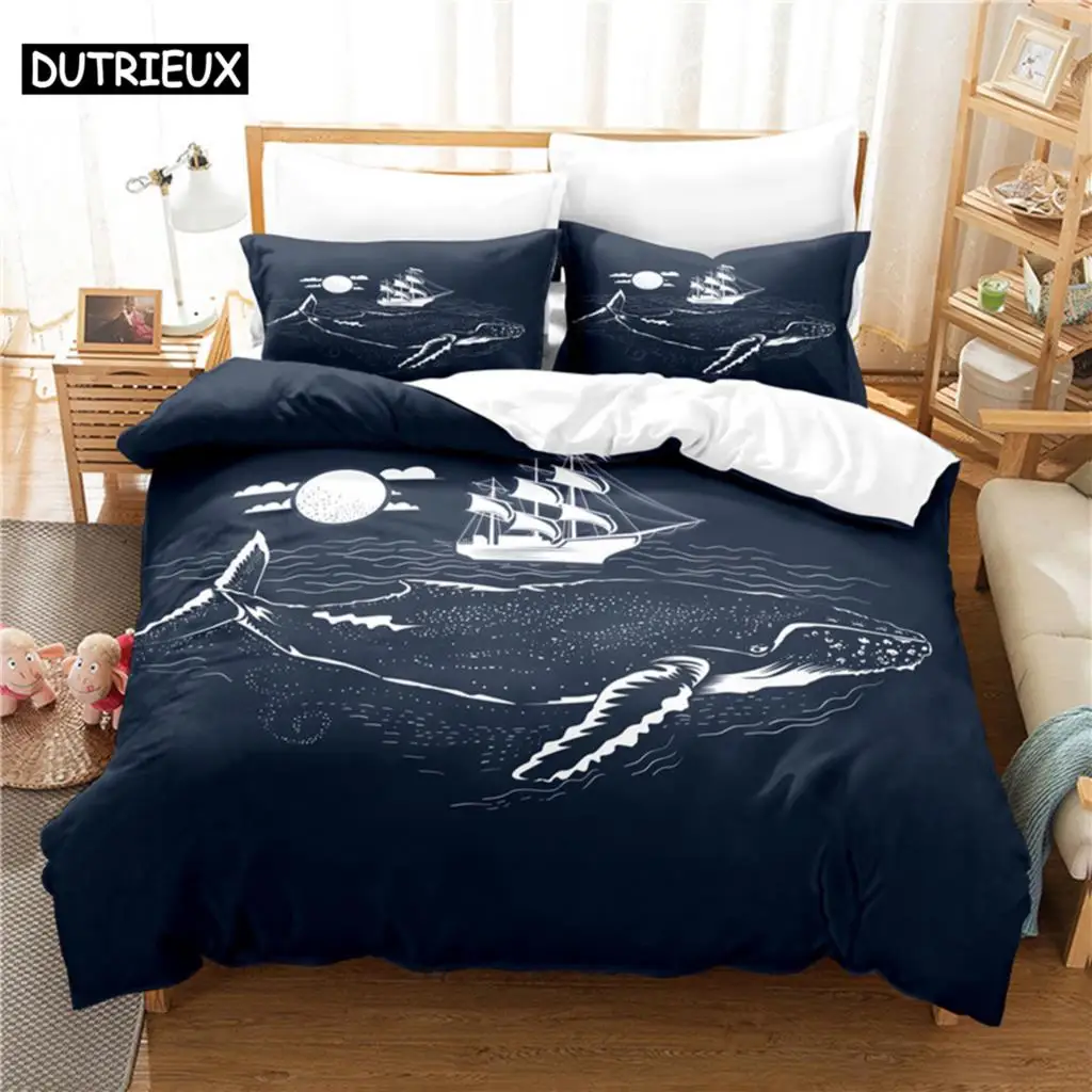 

3D Digital Printing Fashion Design Cartoon Whale Painting Bedding Set, Queen Size Duvet Cover Set