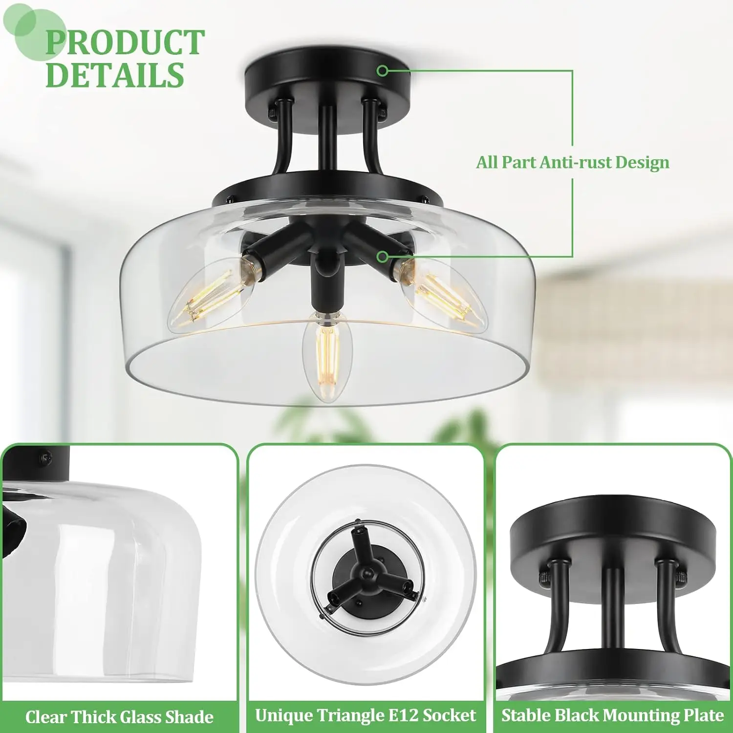 Lampu plafon Semi Flush Mount industri Modern, dengan kap kaca bening, 3-bohlam lampu langit-langit hitam untuk dapur kamar tidur