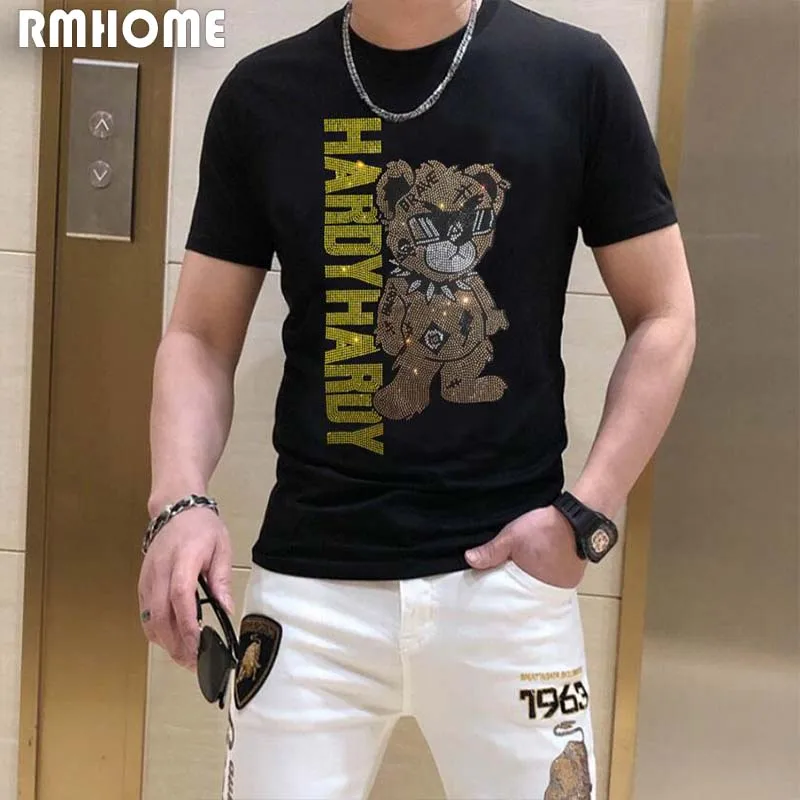 Men\'s Rhinestone T-shirt Trendy Bear Pattern Design Cotton Male Short Sleeves Tees Summer Homme Tops Casual Streetwear Clothing