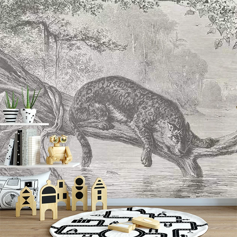 Bacal Modern 3D large wallpaper mural hand-painted White And Black forest tiger animal illustration children background wall